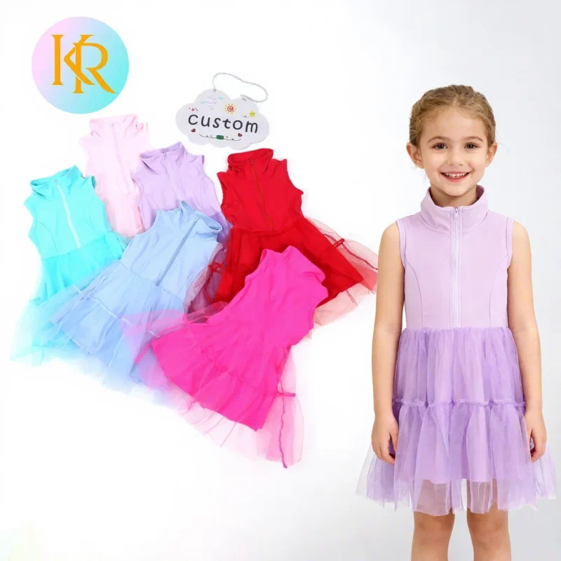 Kerui Wholesale Children's Dress Toddler Sleeveless Dress Flower Yoga Mesh Ruffle Kid Girls Summer Dresses