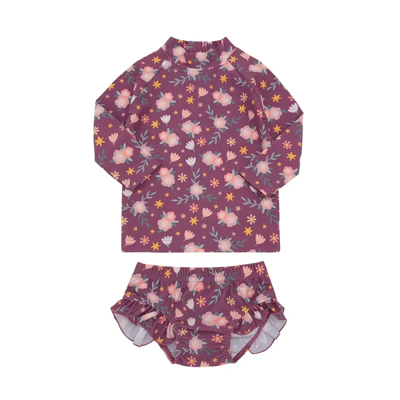 New Style 2pcs Girls Custom Summer Swimwear Long Sleeve Floral Ruffle Bathing Suit with Geometric Print Beach Wearing for Kids