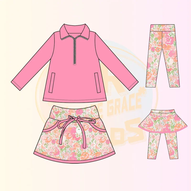 KERUI High Quality Kids' Outdoor Clothing Fashionable Fabric Sportswear Track Suit Pink Top Printed Skirt Set With Zipper