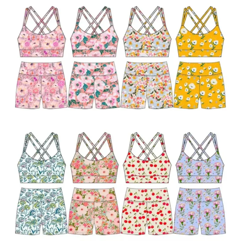 2 Piece Custom Logo Girl Clothes Kids Sports Wear Summer Leggings Gym Short Fitness Wear Baby Kids Yoga Set