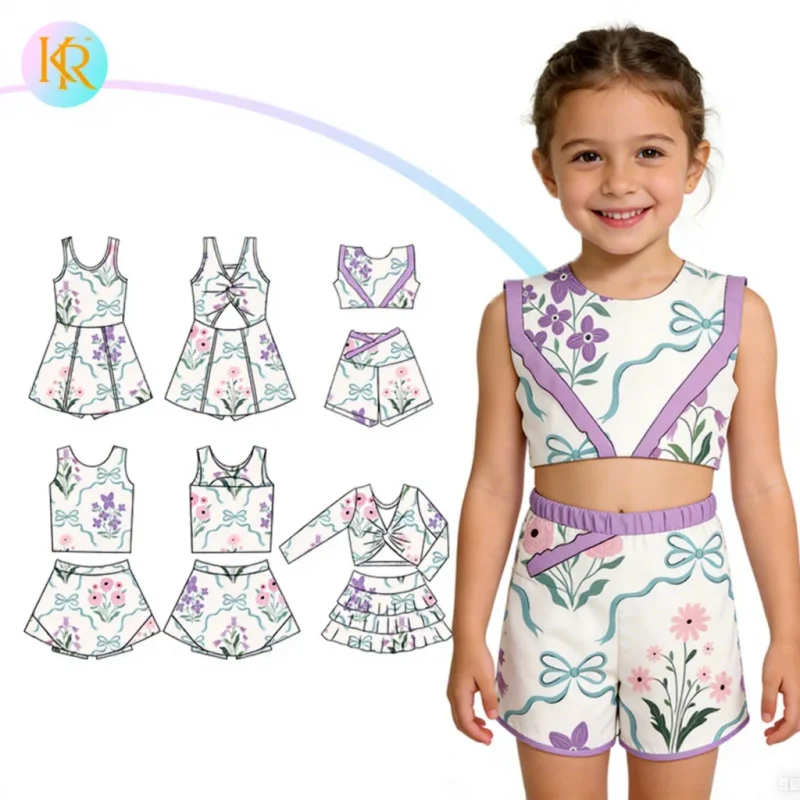 Kerui Girls Athletic Wear Custom Printed Summer Sleeveless Girls Yoga 2 Pieces Sets Custom 2-in-1 Skirts Running Fitness Suit