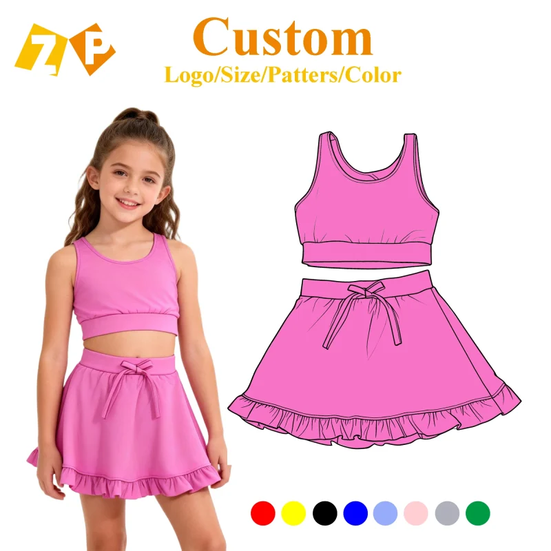 ODM OEM  pink Girls' Yoga Set Fashion Style Factory Customization Yoga Clothes T-shirt  Short Skirt