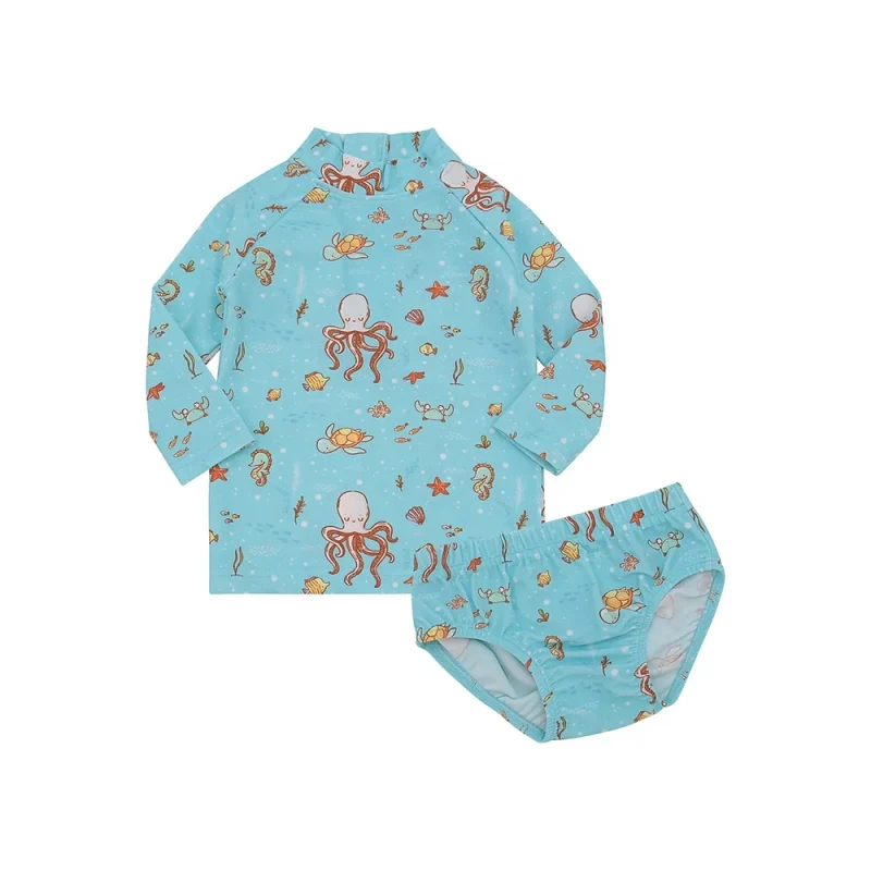 Hot Sale 2pcs Summer Boys' Swimwear Long Sleeve Floral Ruffle Bathing Suit with Print Age Group Kids' Clothing for Beach Wearing