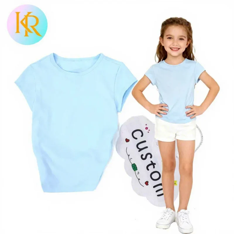 Kerui Customized Solid Color 100% Cotton Casual Short Sleeve T-Shirts Plain Kids Girl Short Sleeved Top for Summer