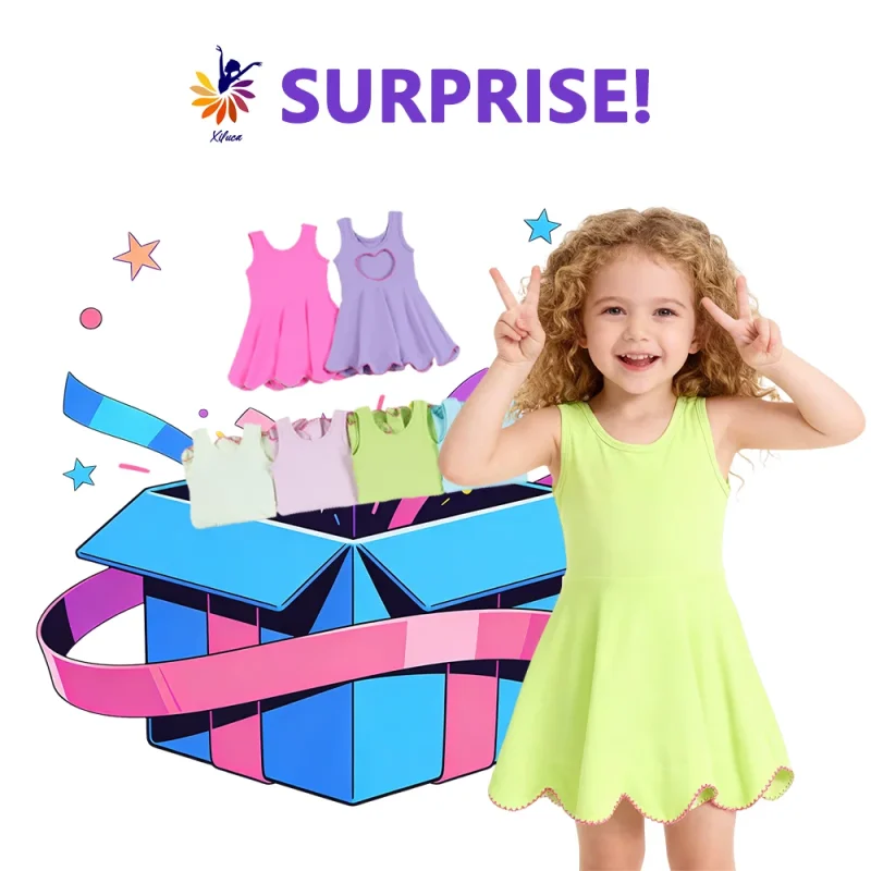 Girls Yoga Sleeveless Dress Mystery Box Slim Fit Embroidery Hem Built-in Shorts