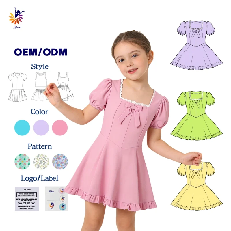 Girls Yoga Dress High Quality Square Neck Lace Bow Dress Built in Shorts Custom Supported Premium Active Wear