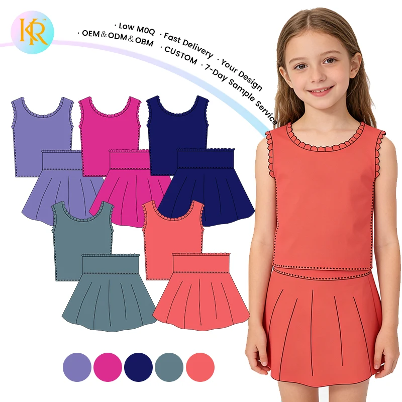 Kerui Girls Athletic Wear Summer Ruffle Vest Skirts Sports Set Solid Color Gym Workout  2-Piece Active Outfits