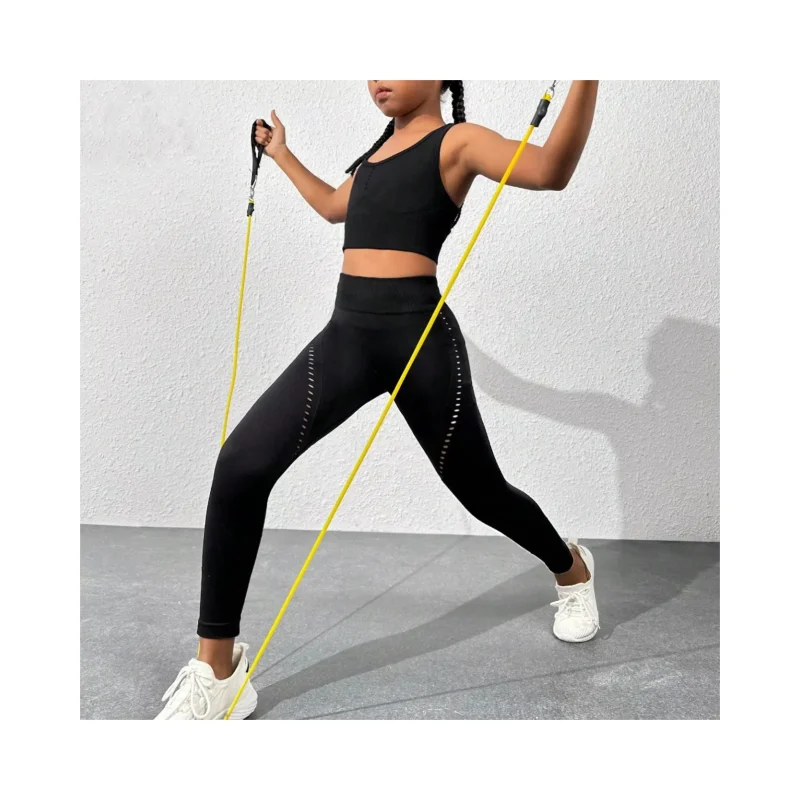 Child Girl Sports Running High Waisted Yoga Sets Tween Cut Out Back Sports Bra Girls Crisscross Back Cami Top & Leggings