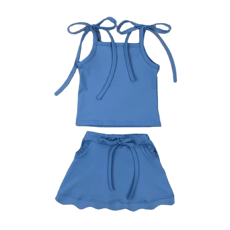 Customizable Child Kids Girls Yoga Clothing Sets ODM Embroidered Logo Low MOQ Solid Pattern Spaghetti Strap Top Skirt