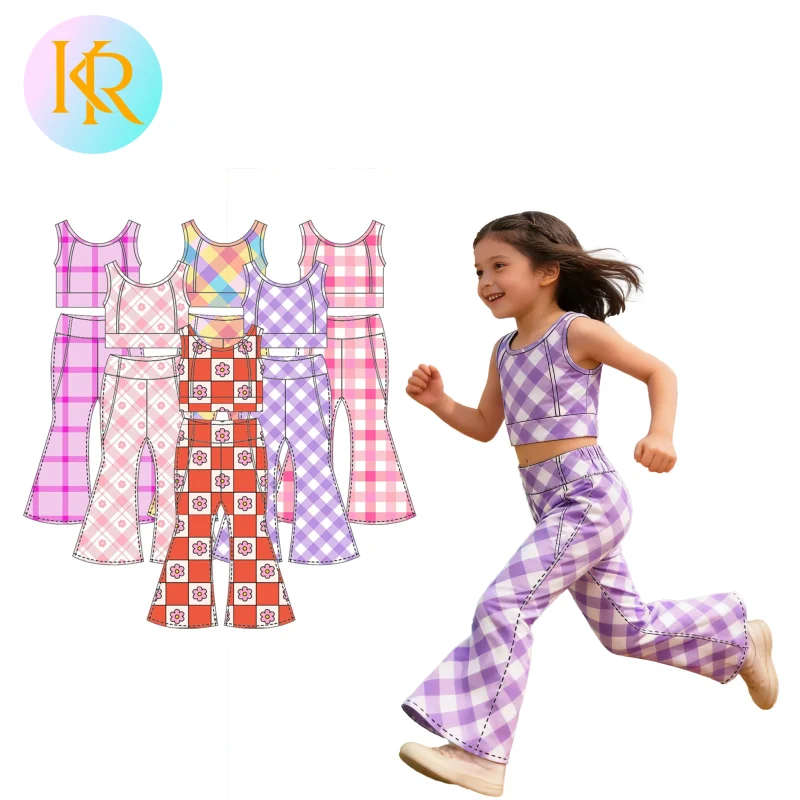 KERUI New Arrival Soft Breathable Active Wear Kids 77% Nylon 23% Spandex Girls Crop Top Flare Leggings Gym Sports Wear Set