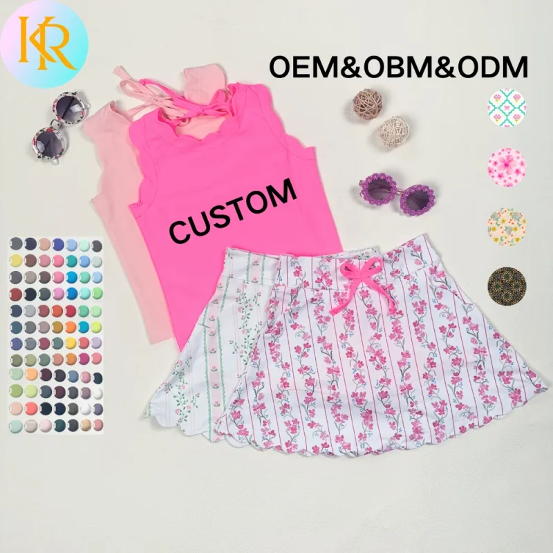 KERUI Kids Girls Summer Yoga Skirts Sets Girls Popular Rruffle Sleeveless Tennis Set Girls Polyester Nylon Sports Skirts Set