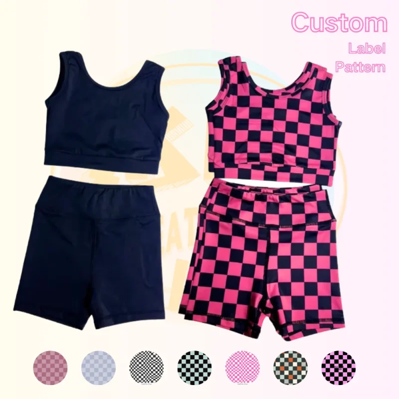 Hot Selling Kids Plaid Pattern Reversible 2 Pcs Activewear Sets Sport Bra and Shorts Girls Gym Training Wear Athletic Sets