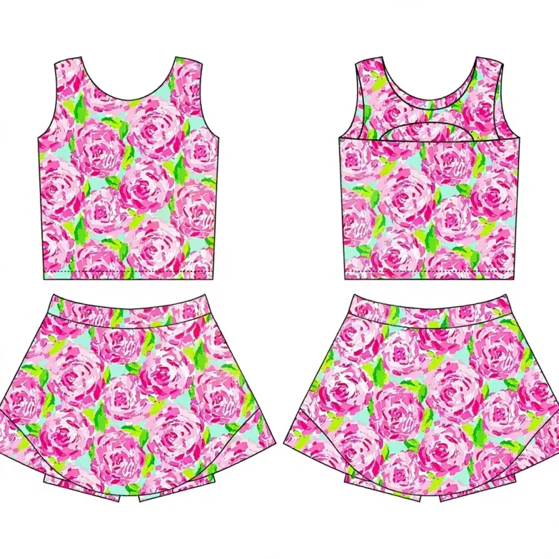 Wholesale Baby Girl Yoga Wear Suit Fitness Jogging Kids Yoga Suit Sleeveless Top Skirt 2pc Set Cute Printed Sports Wear