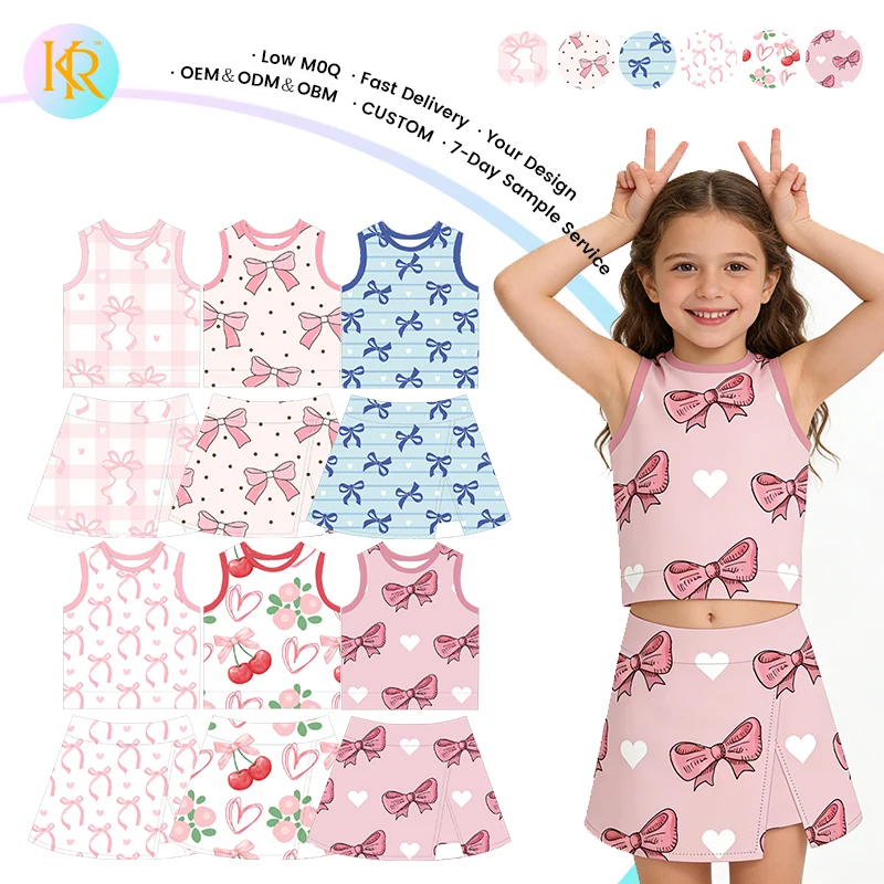 Kerui Girls Sports Yoga Sets RTS High Fashion Clothing Bows Pattern Pink Vest Skirts with Shorts Sets Girl Tennis Clothes