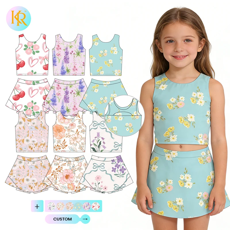Kerui New Printed Girls Sports Baby Girl Yoga Sets Summer Custom Children Gym Tennis Back Micro Hollow Vest Short Skirt Sets