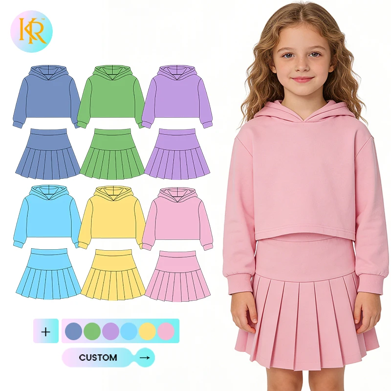 Kerui New Design Girls Solid Hooded Pleated Skirt Yoga Set Long Sleeve Built in Shorts Kids Girls  Active Wear Sports Set