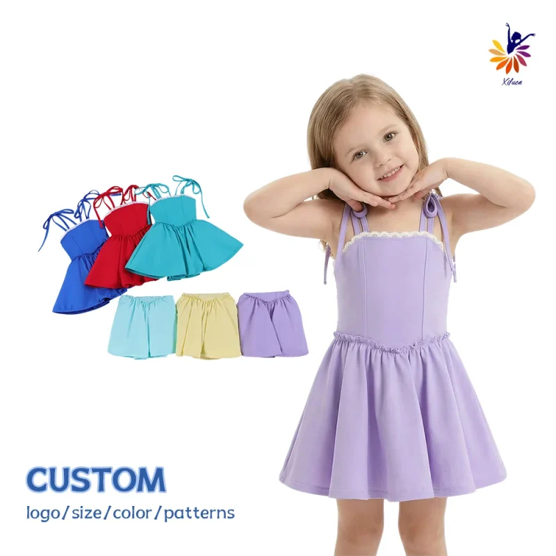 Girls High Elasticity Yoga Dress Slim Fit Camisole Ruffle Puff Skirt Built-in Shorts Custom Logo