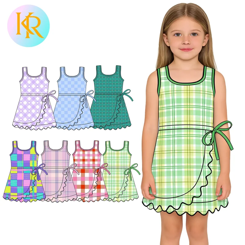 Kerui Custom Baby Girl Active Wear Kids Summer Printed Bows Softball Sleeveless Yoga Dress Wholesale Sports Dress