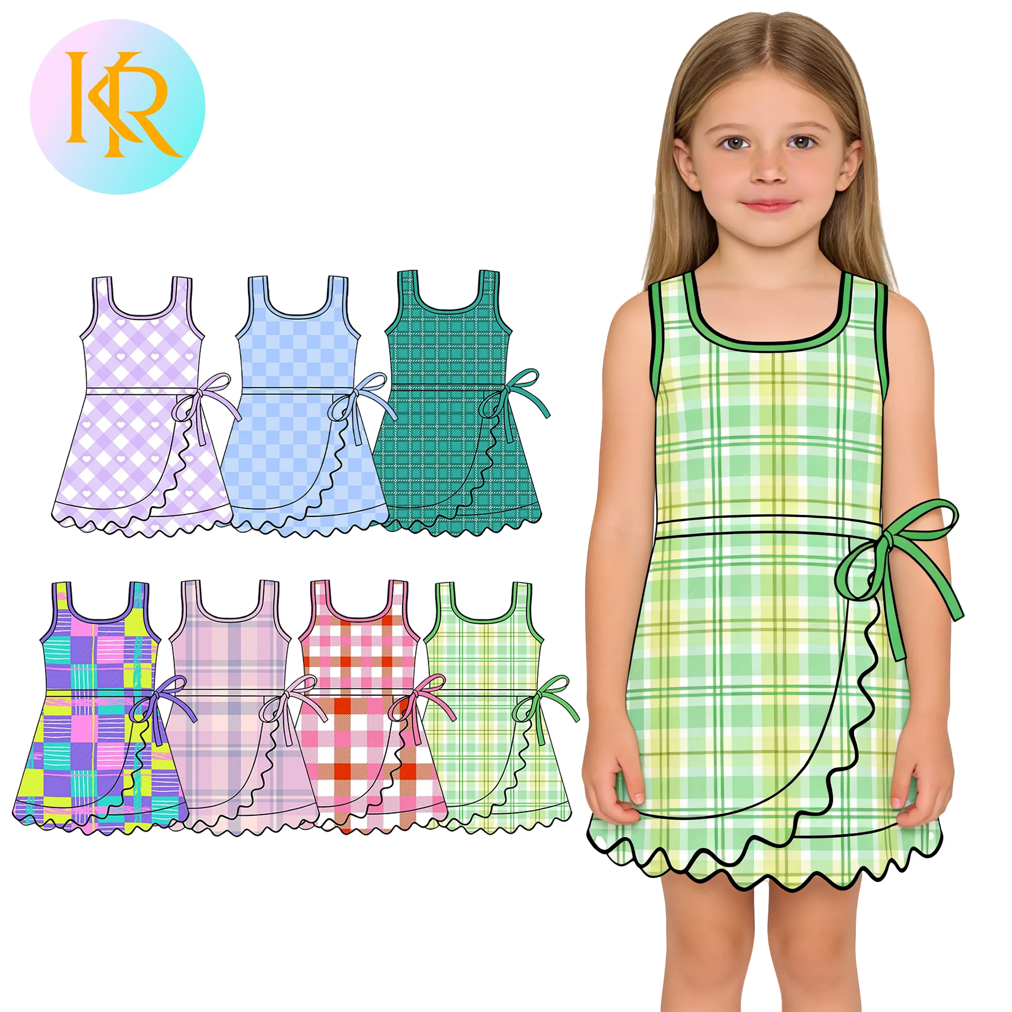 Kerui Custom Baby Girl Active Wear Kids Summer Printed Bows Softball Sleeveless Yoga Dress Wholesale Sports Dress
