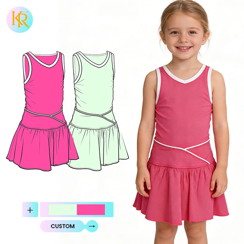 Kerui Custom Girls  Sports Dress Athletic Workout Pleated Dress Toddler Girl Sleeveless Solid Colors Active Running Tennis Dress