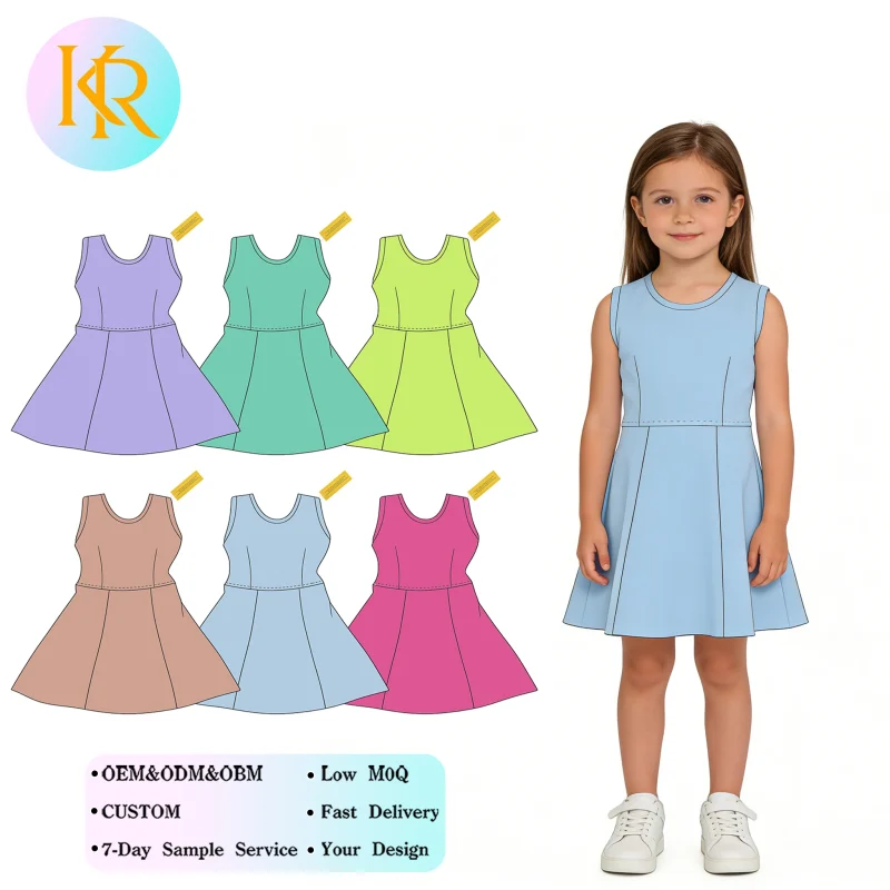 Kerui Custom Girls Athletic Wear Colorful Solid Color Kids Girls Sports Dress Fashion Yoga Dress Children's Tennis Wear Dress