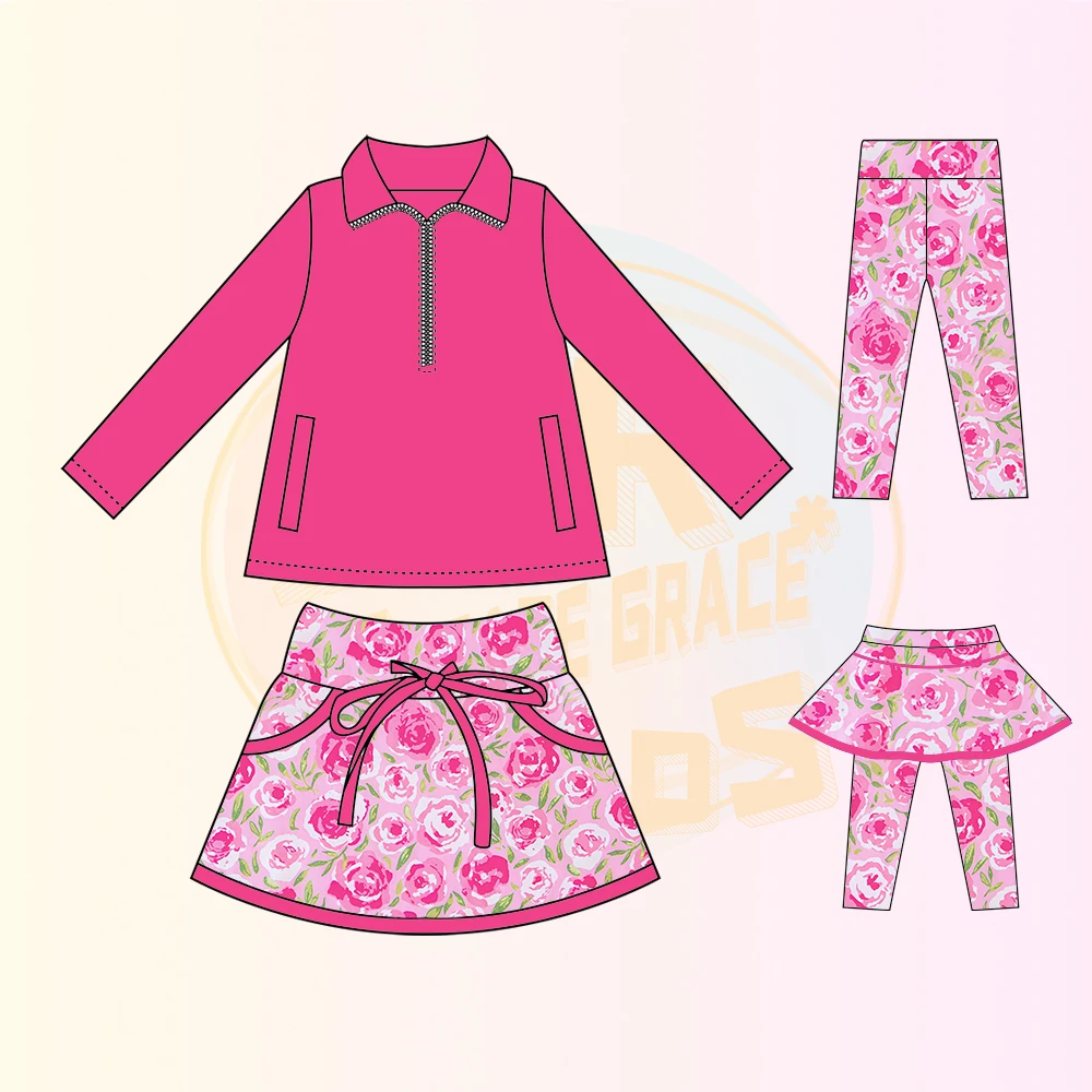 KERUI High Quality Kids' Outdoor Clothing Fashionable Fabric Sportswear Track Suit Pink Top Printed Skirt Set With Zipper - Image 3