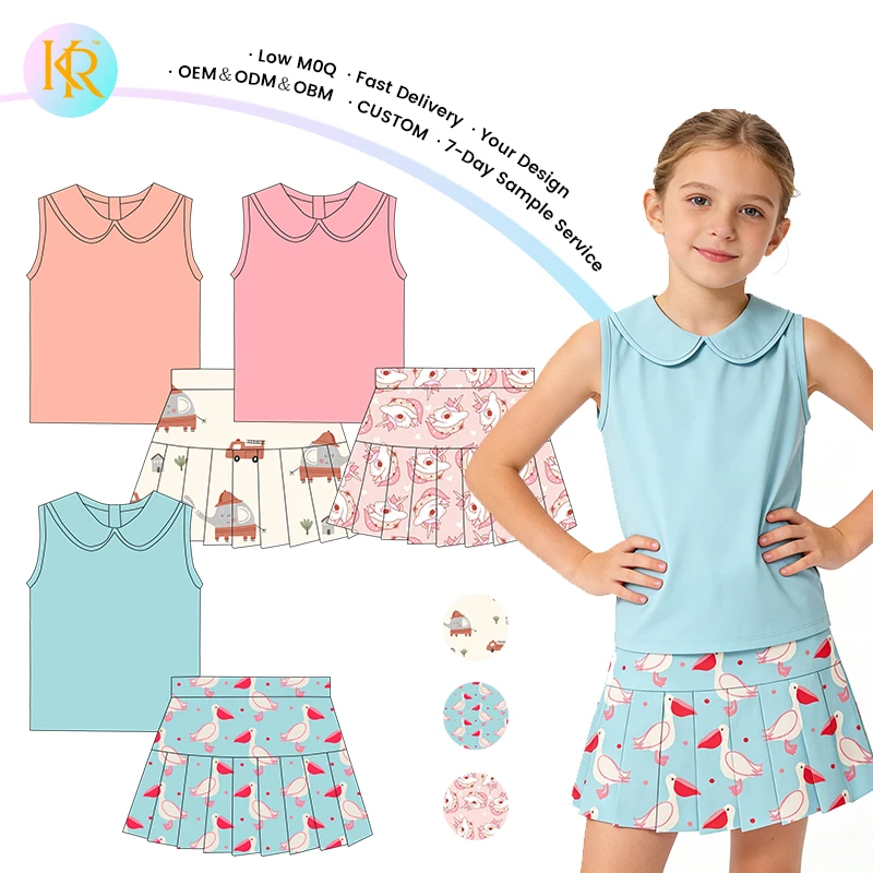 Kerui Girls Active Wear Kids Sports Gym Set Custom Printed Kids Yoga Skirts Set New Arrival Shirts Top Pockets Skirts Outfits