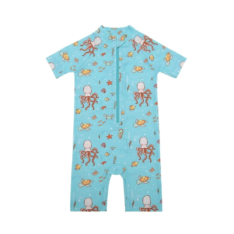 Hot Sale Custom Baby Swimwear New Arrival Summer Short Sleeves Zipper Easy Wearing Floral Bathing Suit Quick Dry for Kids