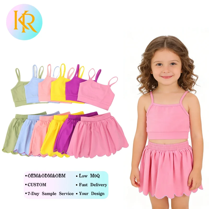 Kerui Girls Active Wear Kids Yoga Sleeveless Crop Tank Skirt Set Built in Shorts Elastic High Elastic Fitted Design Dancewear