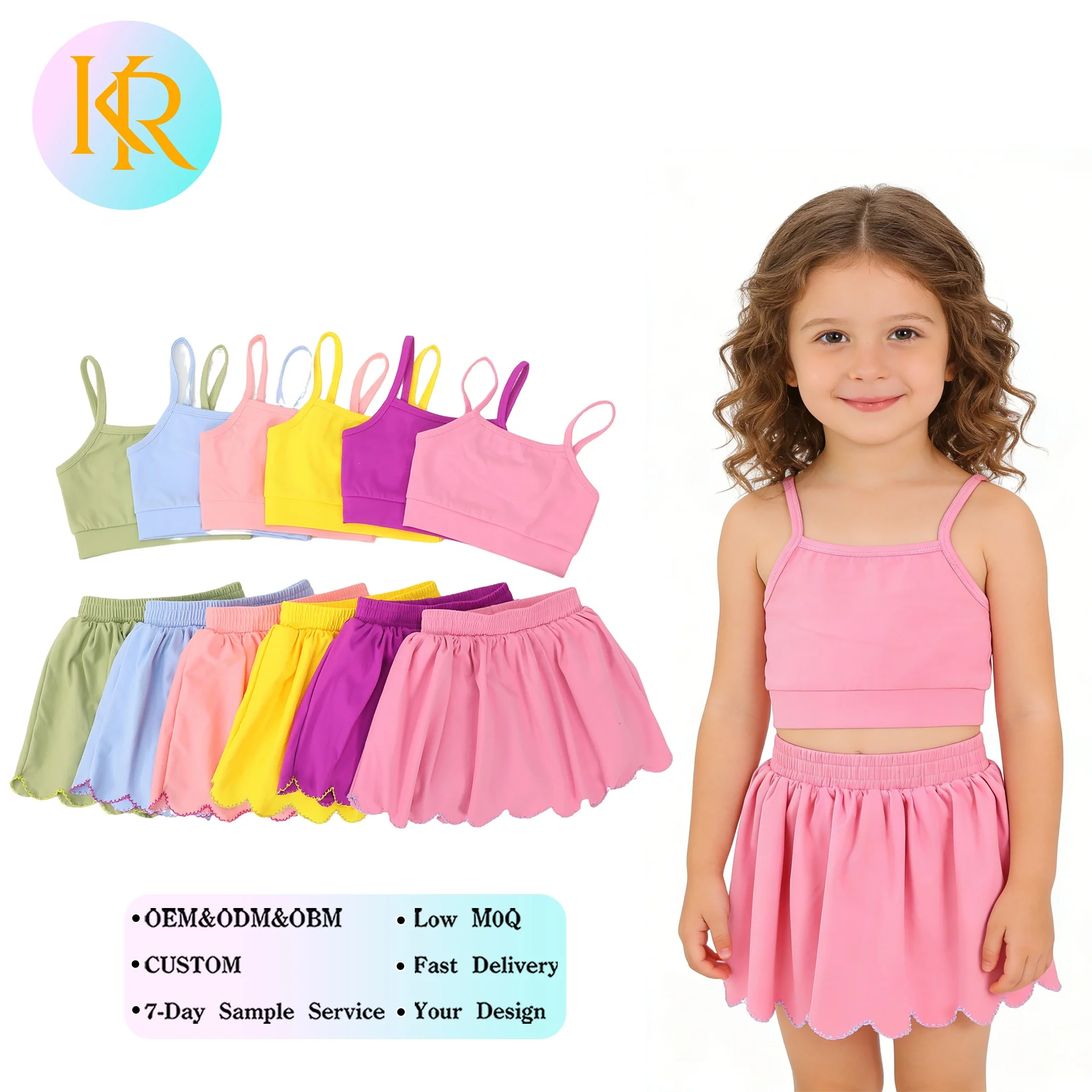 Kerui Girls Active Wear Kids Yoga Sleeveless Crop Tank Skirt Set Built in Shorts Elastic High Elastic Fitted Design Dancewear