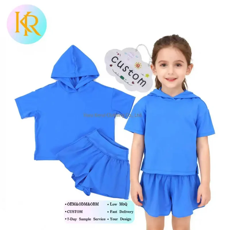 Kerui Summer Unisex Kids Short Sleeve Hoodie Top Shorts Kids Clothing Set Kid Girl Yoga Fabric Sport Actiivewear Set