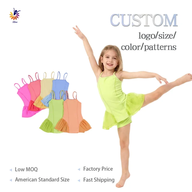 Girls Ballet Yoga Dress Spaghetti Strap Embroidery Mesh Side Built-in Shorts Custom Design Color Logo