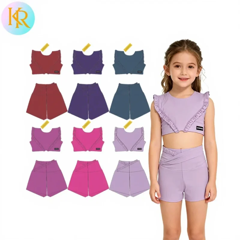 Kerui Solid Gym Fitness Sets for Kids Girl Sleeveless Crop Top Bra Tights Leggings Shorts Elastic Waist Breathable Yoga Set
