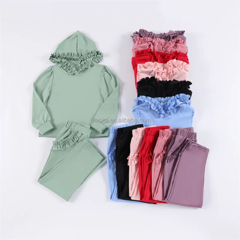Wholesale 77% Nylon 23% Spandex Materials  Yoga Set Sport Style Long Sleeve Hoodie Ruffle Design Sports Outfit