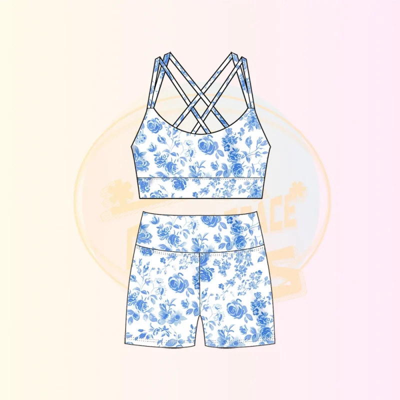 Kerui Hot Sale Floral Pattern Factory Athlete Wear Kids Girl Tennis Sports Wear Girls Sets