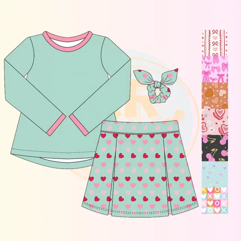 KERUI 2025 Best Selling Valentine's Day Sports Set Long Sleeve Curved Hem Top +Single Piece Skirt +Butterfly Headband 3 PCS Set