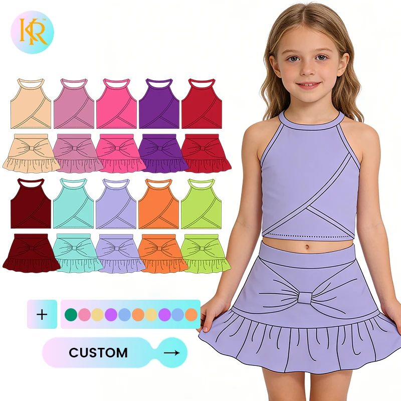 Kerui New Design Girls Sports Nylon Spandex Two Piece Custom Size High Waist Fitness Yoga Tank Top Skorts for Kids Girls