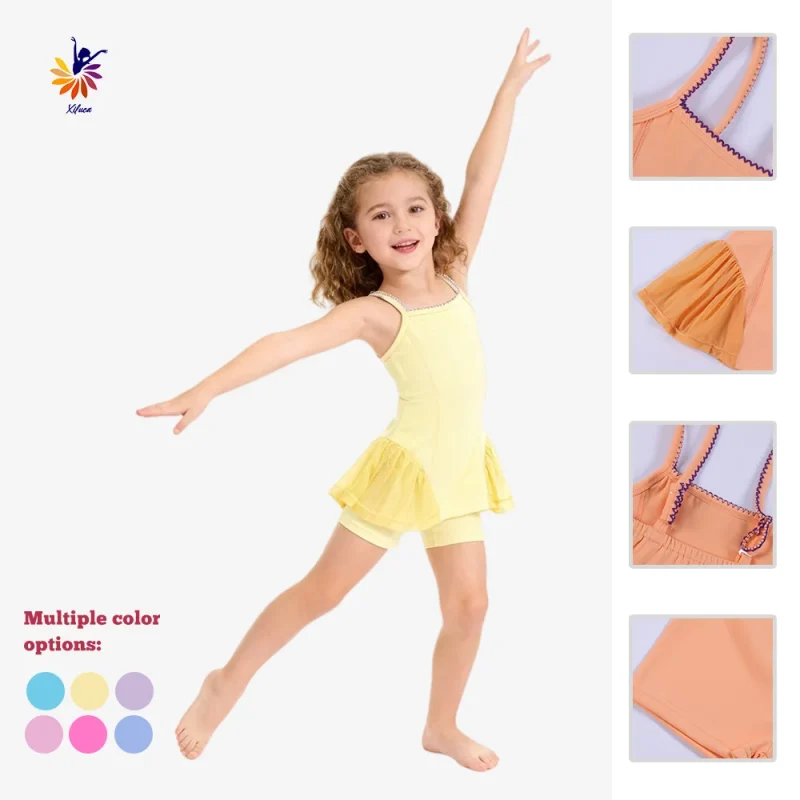 Girls Dance Yoga Dress Spaghetti Strap Mesh Side Embroidery Built-in Shorts Custom Logo Design Color