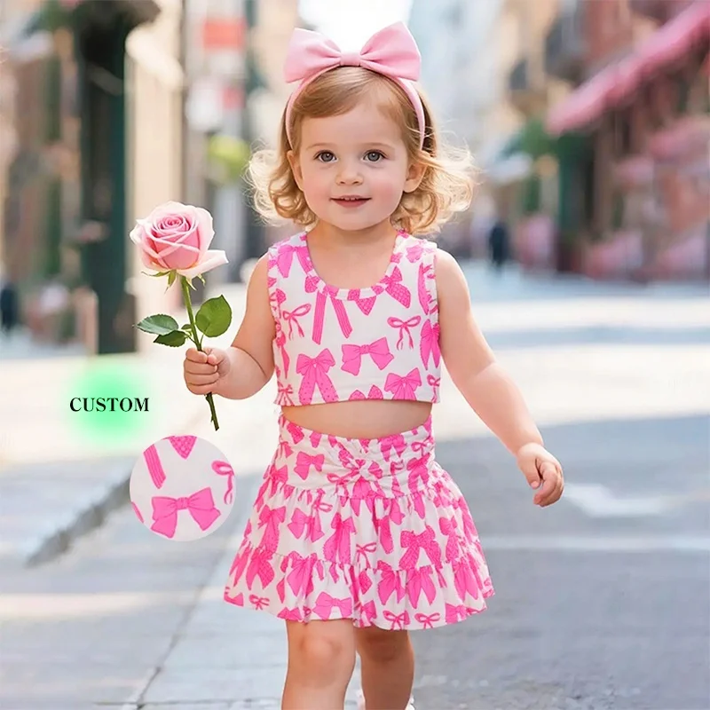 Kerui Girls Summer Sports Set Active Wear Kids Toddler Girls Nylon Fabric Bow Print Ruffle Set Girl Sleeveless Top Skirt Suit