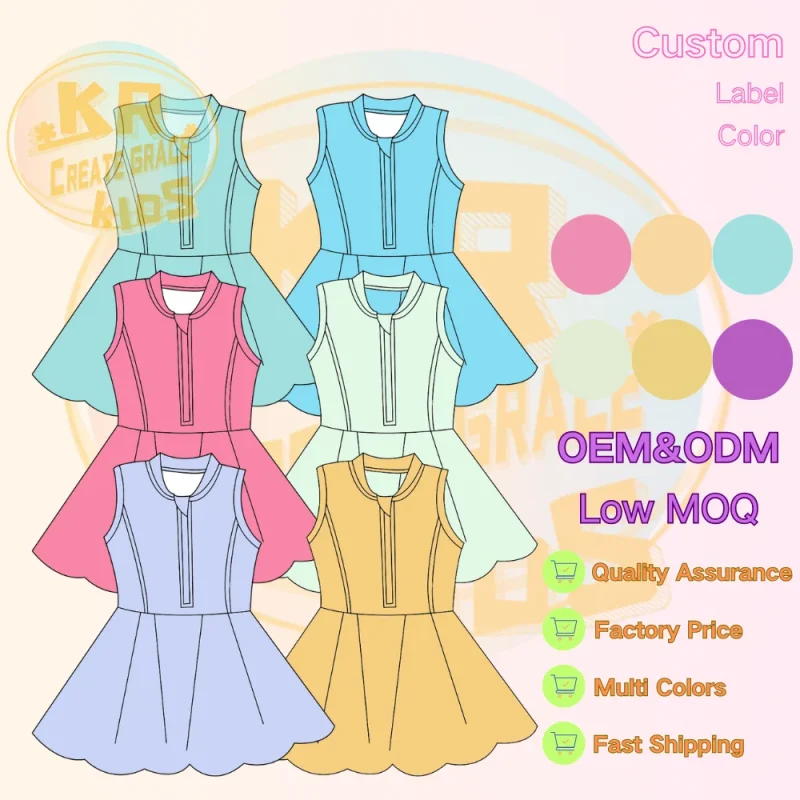 Kerui Girl's Tennis Dress Kid's Fitness Yoga Dress Baby Macaron Color Scheme Sleeveless Zipper Athletic Dress With Shorts