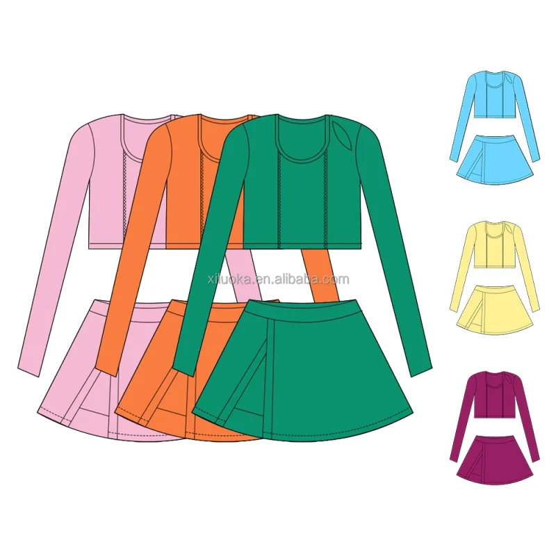 Girls Yoga Set Long Sleeve Crop Top & Skort Outfit 2 Piece Workout Clothes for Kids Fitness Sportswear Girls Clothing Sets