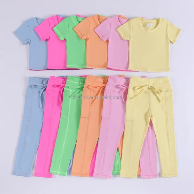 Custom Print Solid Blank Kids Shirts Yoga Running Dance Short Sleeve Nylon Girls Sport Set for Girl