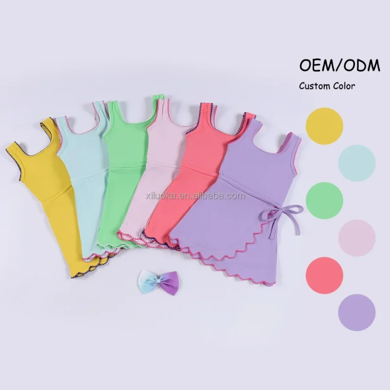 Girls High Elasticity Yoga Dress Sweet Sleeveless Embroidery Built-in Shorts Custom Logo