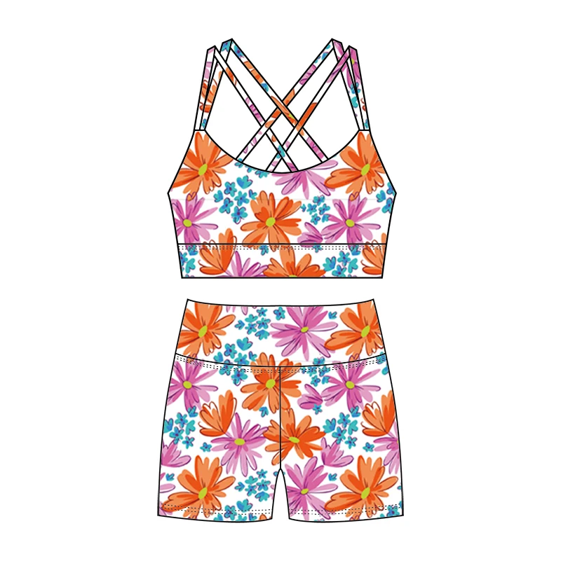 Wholesale children's yoga bras in vibrant designs, perfect for retailers seeking high-quality, comfortable activewear for kids' yoga and fitness needs.