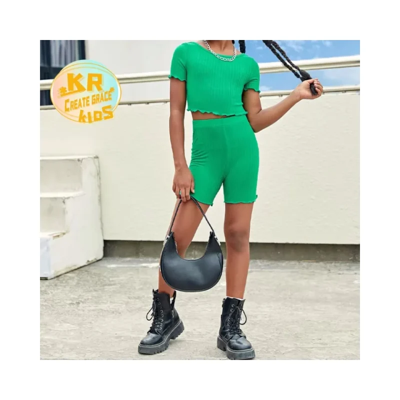 Custom Baby Girls High Stretch Soft Yoga Shorts Solid Color Elastic Waist Tights Pants Kids Sportswear Sets