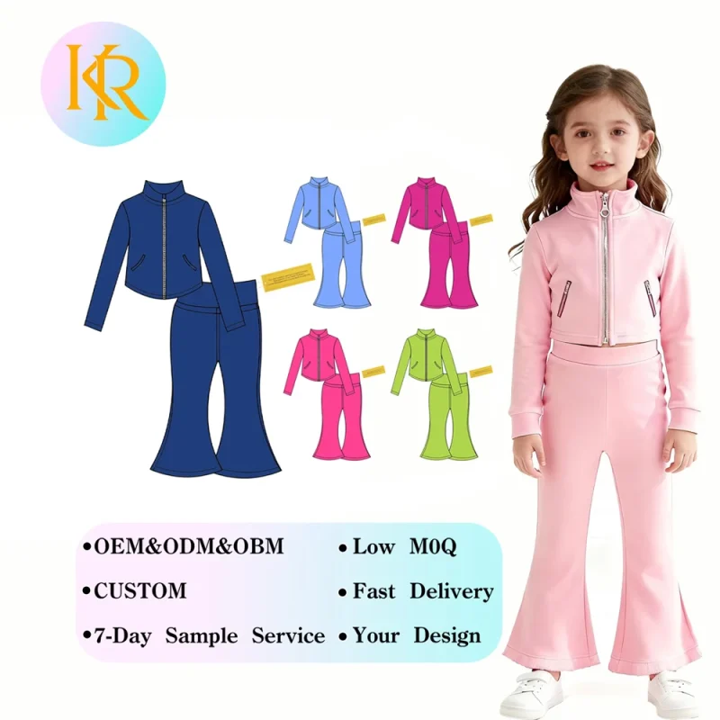 Kerui Custom Logo Kids Fitness Clothing Flare Pants Full Zip Jacket Gym Activewear 2 Piece Workout Yoga Suit Set for Kid Girls