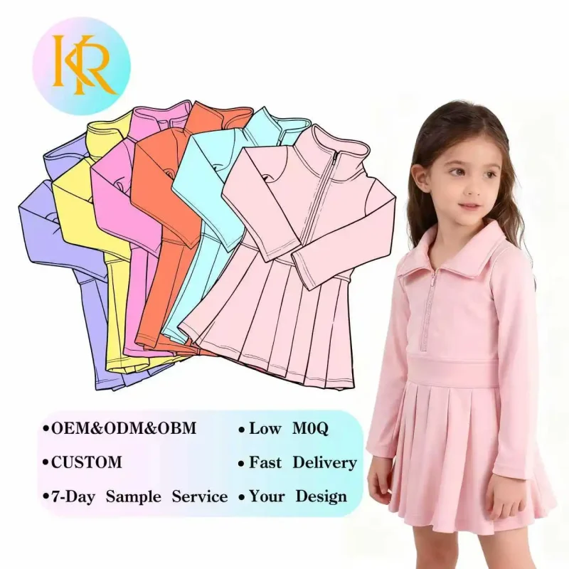 Kerui Long Sleeve Kids Girls Zipper Yoga Dress Children Sportswear Running Activewear with Short Fall Winter Style