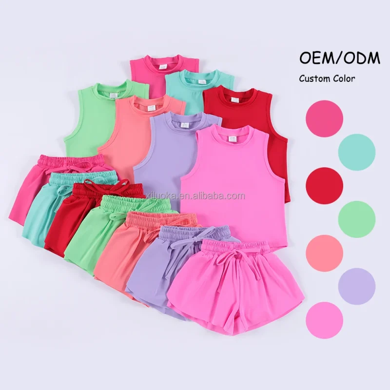 Girls Hot New Yoga Set Solid Color Sleeveless Tank Double Layer Shorts High Elasticity Custom Design