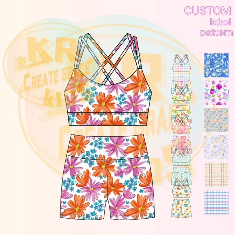 KERUI 2025 Girl Yoga Athletic Wear Toddlers Tennis Golf High Elastic Two Piece Yoga Fabric Printing Bra Biker Shorts Set