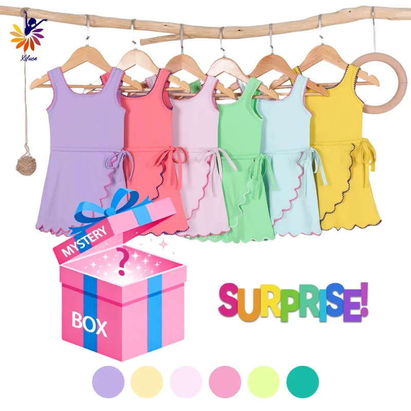 Girls Yoga Sleeveless Dress Hot Style Mystery Box Slim Fit Embroidery Hem Side Bow Built-in Shorts